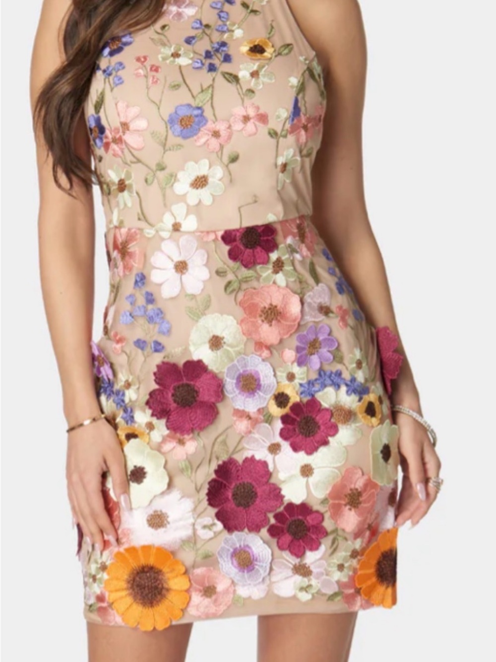 bebe Nude Mini Dress with Multicolor Floral Appliqué